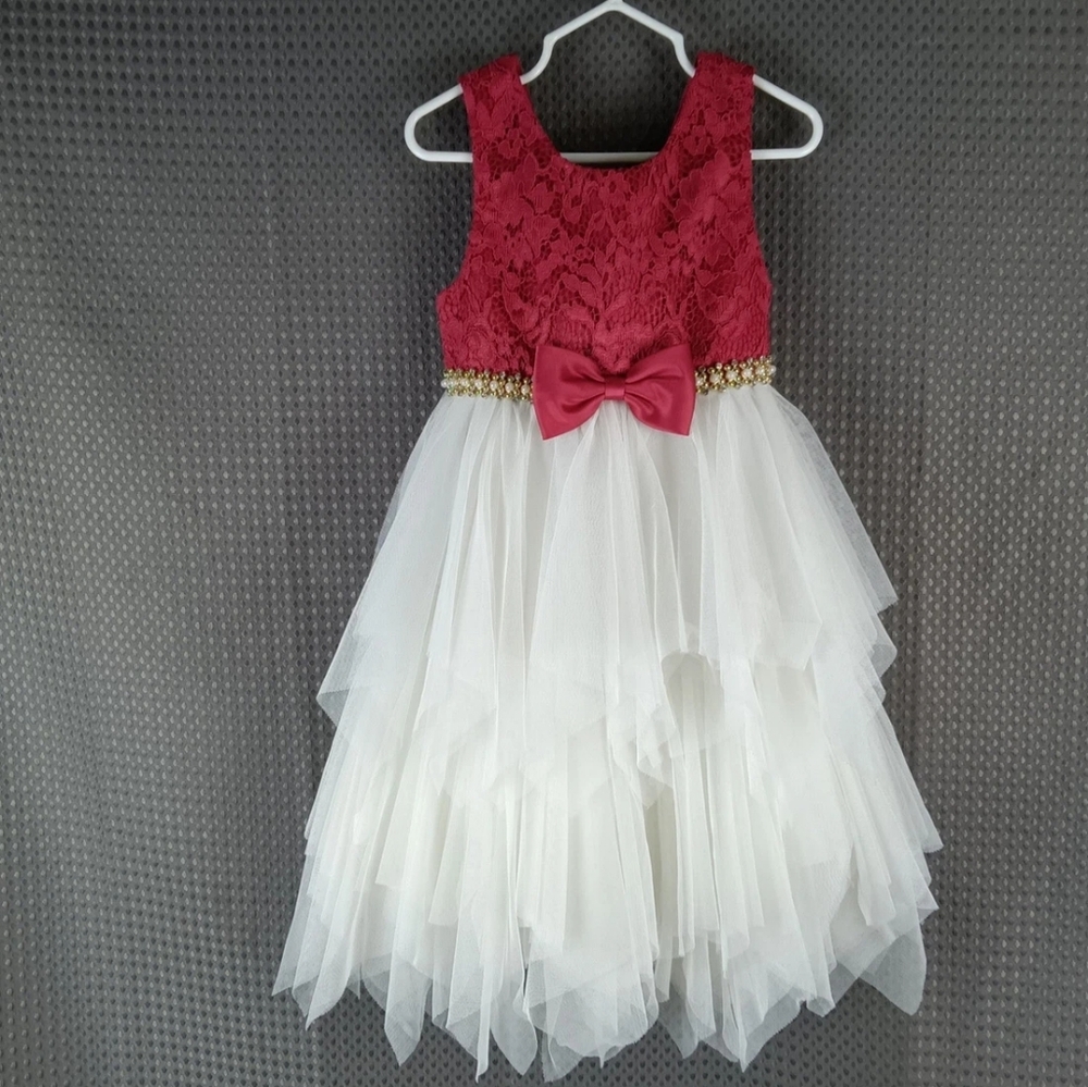 American Princess Girls 5T White Lace Red Tie Back Dress - Picture 3 of 3